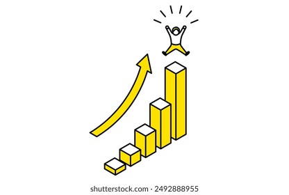 Business goal image, a graph of a steadily rising graph and a delighted personSimple line drawing illustration, isometric, Vector Illustration