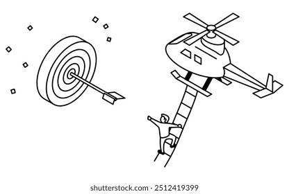 Business goal image, man holding onto helicopter rope ladder to hit target, simple line drawing illustration, isometric, Vector Illustration