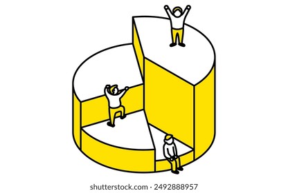 Business goal image, pie chart and ascending people simple line drawing illustration, isometric, Vector Illustration