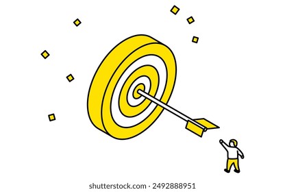 Business goal image, simple line drawing illustration of a person hitting the target, isometric, Vector Illustration