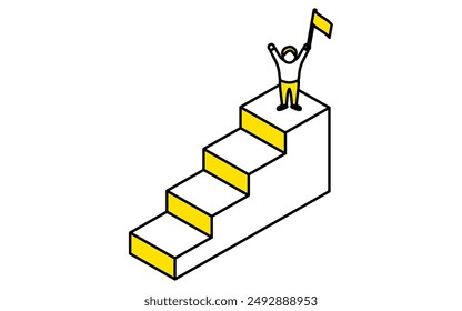 Business goal image, simple line drawing illustration of a man happy to have achieved his goal, isometric, Vector Illustration