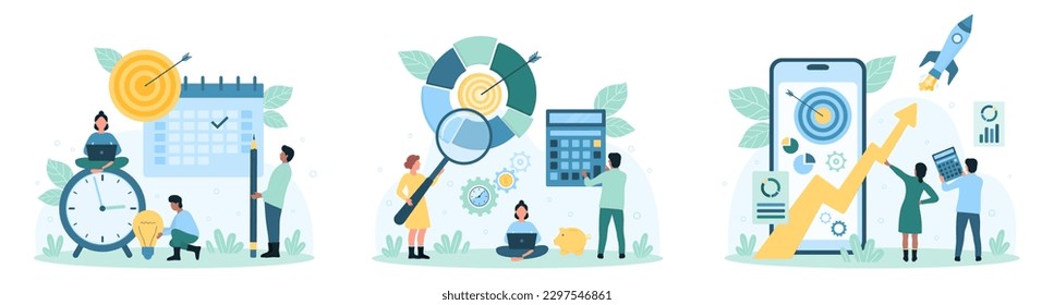 Business goal to increase profit set vector illustration. Cartoon tiny people analyze financial report pie chart with magnifying glass, launch project rocket from phone screen, plan events on calendar