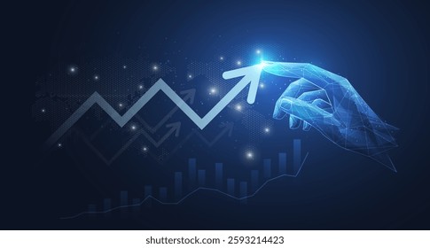 Business goal, marketing growth achievement and finance success strategy concept background with digital businessman poly wireframe hand, finger touch, arrow diagram, infographic chart and world map.