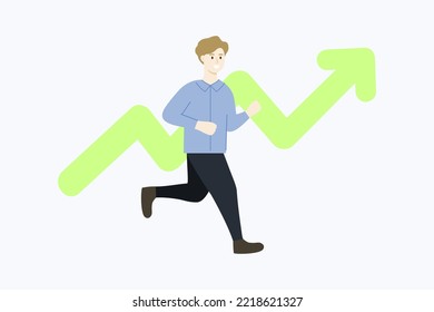 Business goal, motivation, success, achievement concept. Happy businessman with upward arrow Graph. Flat cartoon character vector design isolated illustration. 