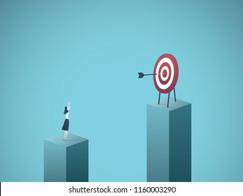 Business goal, objective, success vector concept. Businesswoman scoring bullseye with dart. Symbol of achievement, motivation, focus, precision, excellence. Eps10 vector illustration.