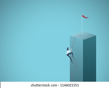 Business goal, objective, target vector concept with businesswoman climbing a cliff on a rope. Symbol of motivation, career growth, success, ambition. Eps10 vector illustration.