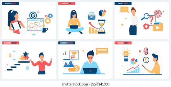 Business goal, search for effective projects and solutions set vector illustration. Cartoon tiny people training skills, thinking about ideas and choose target for motivation and growth of efficiency