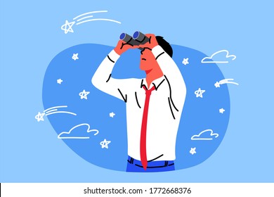 Business, goal, search, imagination, obseravtion, goal concept. Young businessman clerk manager character looking thrugh binoculars searching for solutions. Imaginative mindset and purpose achievement