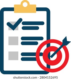 Business Goal Setting and Achievement Concept Vector Illustration with Clipboard Checklist and Target Bullseye