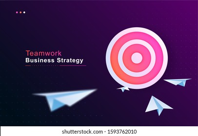 Business goal solution concept. Teamwork strategy. Paper planes flies to the  abstract target vector background.