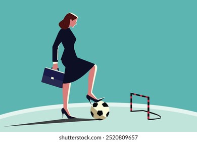 business goal success concept concept. ambition businesswoman kicking a football to goal