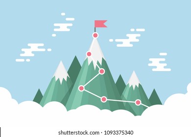 Business goal success concept infographic. Flag on the top of mountain. vector