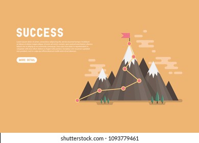 Business goal success concept infographic. Flag on the top of mountain. vector