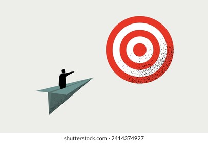 Business goal, target, objective concept, businessman riding paper plane to reach target, vector illustration.