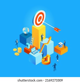 Business goal and target. Business people working together, solving the problems, making decisions and progress. Isometric environment  illustration