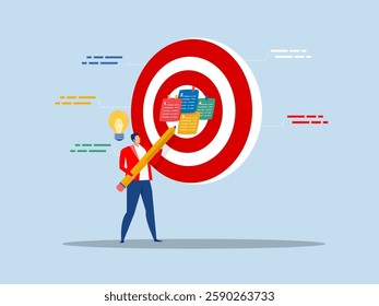 business Goal target,businessman write down goal on notes and put on big dartboard target.vector illustrator