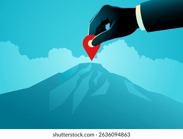 Business goal targeting, hand placing location pin on mountain peak