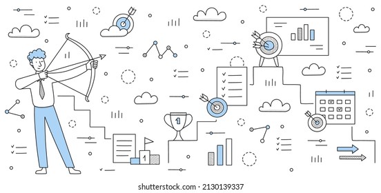Business goal, tenacity, successful market strategy concept. Businessman aiming with bow into darts target. Aim achievement mission, opportunity, challenge, task solution Line art vector illustration