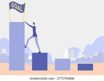 Business goal vector concept: businessman climbing up the business chart bars towards the finish flag written "Goal"