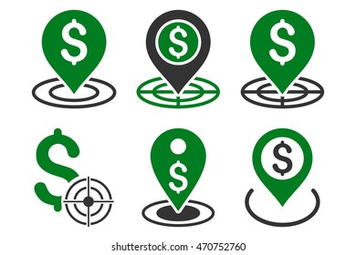 Business Goal vector icons. Pictogram style is bicolor green and gray flat icons with rounded angles on a white background.