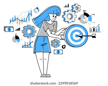 Business goal vector outline illustration, business strategy entrepreneur woman developing and managing his plan, motivation and target.