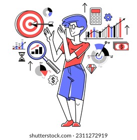Business goal vector outline illustration, business strategy entrepreneur developing and managing his plan, motivation and target.