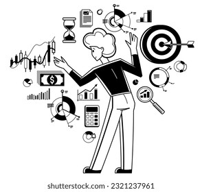 Business goal vector outline illustration, business strategy entrepreneur developing and managing his plan, motivation and target.