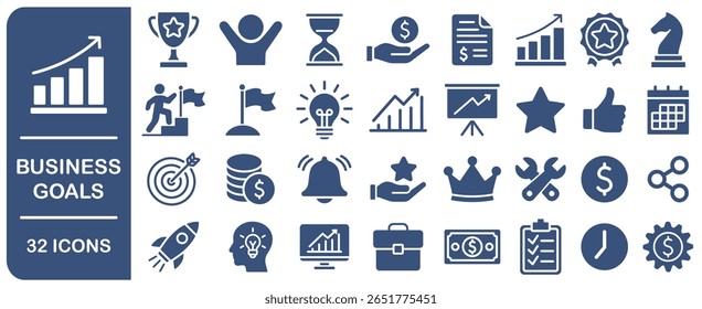 Business goal vector web icon set. Business strategy success goals icons collection. Including process, target, aim, focus, human resource, winner, action plan. Vector illustration image. Isolated