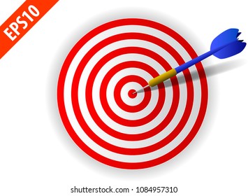 Business goal winner in target concept: Blue Dart arrow in center of dartboard game vector.