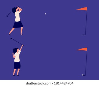 Business goal. Woman play in golf, successful project or investments metaphor. Manager with golf club, ball hits target and girl win vector illustration