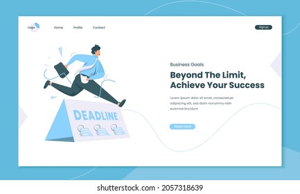 Business goals to achieve success, A man jumped over deadline sign, illustration on landing page template