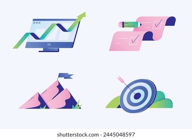 Business goals achievement. Completing work tasks, achieving positive results. Illustrations of a target, checklist, mountain top, arrow. Progress, success, growth concept. Isolated flat vector set
