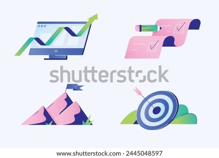 Business goals achievement. Completing work tasks, achieving positive results. Illustrations of a target, checklist, mountain top, arrow. Progress, success, growth concept. Isolated flat vector set