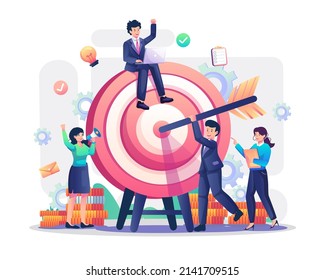 Business Goals Achievement concept with a businessman put an arrow dart on the target board. The business team hitting the target. Flat style vector illustration