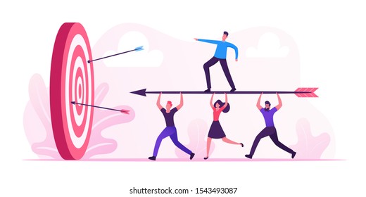 Business Goals Achievement Concept. Businesspeople Team Carry Huge Arrow with Businessman Standing on it Running to Huge Target. Aim Mission Challenge Task Solution. Cartoon Flat Vector Illustration