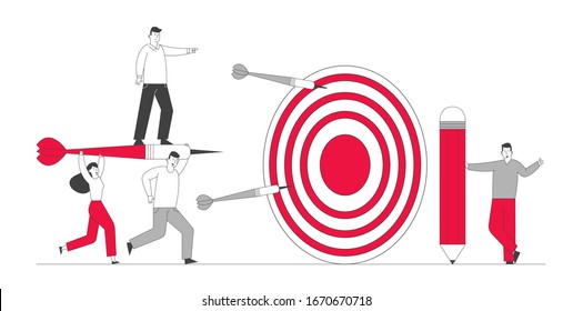 Business Goals Achievement Concept. Businesspeople Team Carry Huge Darts with Businessman Character Stand on it Running to Huge Target. Aim Mission Challenge, Task Solution. Linear Vector Illustration