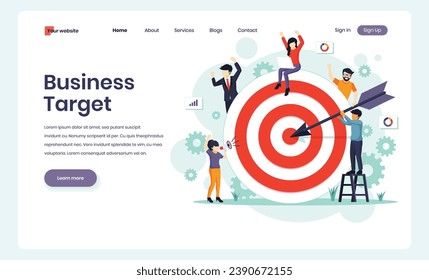 Business Goals Achievement Concept. Businesspeople Team Carry Huge Arrow with Businessman Standing on it Running to Huge Target. Man and woman discuss work tasks, targeting, business development and s