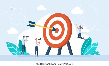 Conceito de realização de metas de negócios. Sucesso alcançando objetivo ou alvo, vitória ou vencedor, precisão e realização para atingir alvo bullseye, eficiência ou conceito de perfeição. Ilustração de vetor