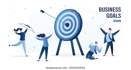 Business goals achievement, concept. Successful completion of tasks or mission, achieving goals, overcoming obstacles. Happy business team celebrating near huge target and arrow in bullseye. vector