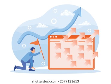 Business goals and achievements. A professional analyzes the growth, progress, and rise of charts. Business Development concept. Flat vector illustration.