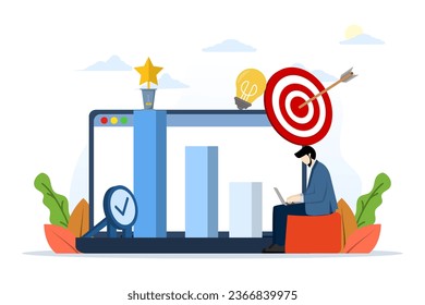 Business goals concept. The character sets tasks, goals and objectives to be achieved, plans actions and ways to success. Concept of personal development and self-motivation. Vector illustration.