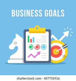 Business goals concept. Clipboard with graph, target, chess knight and growth arrow. Modern flat design graphic elements for web banners, infographics, web sites. Blue background. Vector illustration