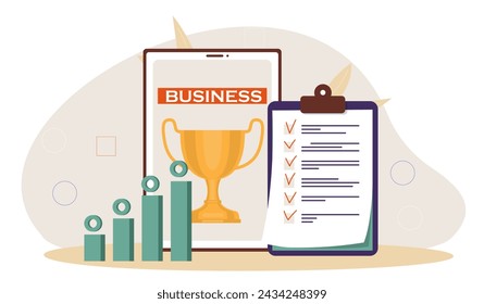 Business goals concept. Golden trophy near notepad with tasks. Motivation and aspiration, leadership. Planning and scheduling, time management and goal setting. Cartoon flat vector illustration