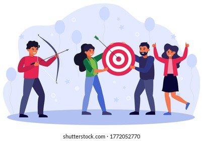 Business goals concept, Team doing archery, aiming arrow at target, celebrating success. Vector illustration for strategy, challenge, achievement concept.