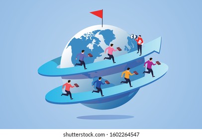 Business goals concept, business team running on arrows around the earth