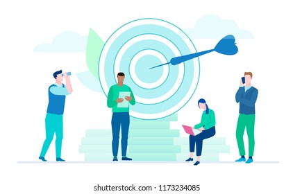 Business goals - flat design style illustration on white background. A composition with international team working on a project, a target with arrow on a pile of coin. Man looking through a binocular