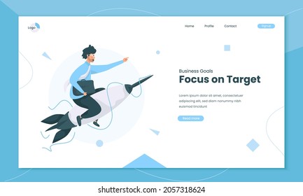 Business goals focus on target, A man riding on dart, illustration on landing page template