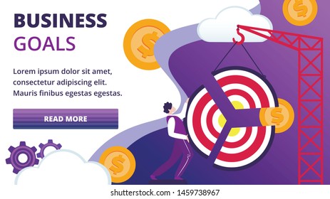 Business Goals Horizontal Banner. Man Assembling Huge Target Pieces Using Building Crane with Gold Dollar Coins around, Success, Aims Achievement, Challenge, Solution Cartoon Flat Vector Illustration