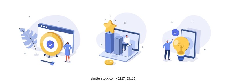 Business goals illustration set. Characters setting task, goal and target to achieve, planning action and way to success. Personal development and self motivation concept. Vector illustration.