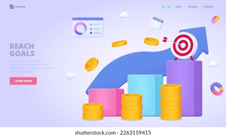 Business goals, income growth, business plan,investment consultation service, personal financial consultant. Three dimensional design concept for landing page.  3d vector illustration for website.